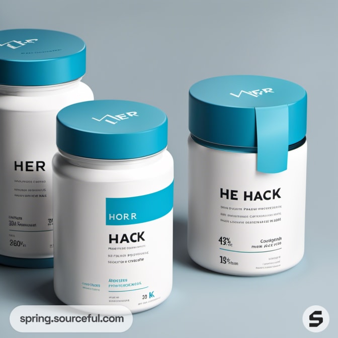 White jars with blue lids labeled 'HACK' on a blue background.