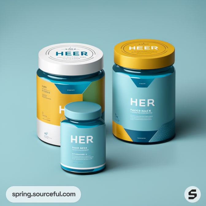 Three teal and yellow jars labeled 'HER' on a blue background.