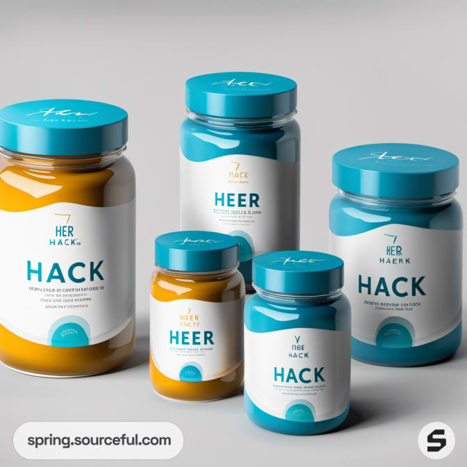 Five jars with blue lids labeled 'HER HACK' on a white background.