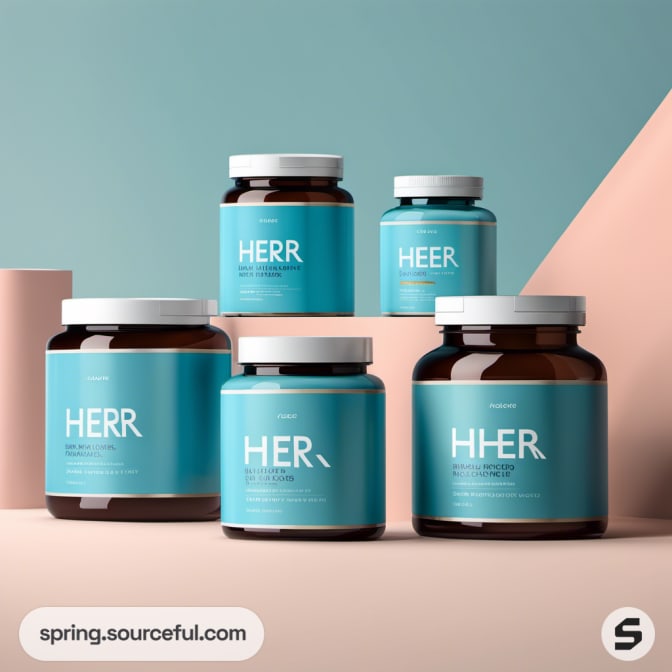 Five teal jars with white lids labeled 'HER' on a pastel background.