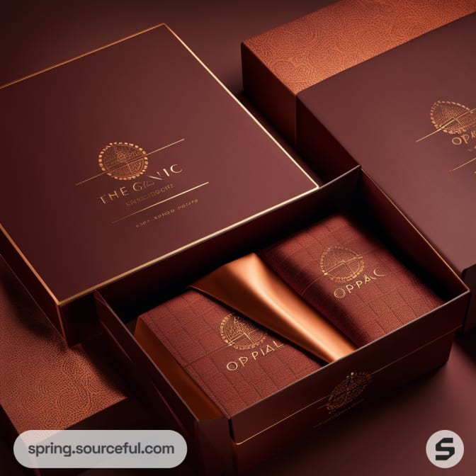 Luxurious brown gift boxes with embossed design and copper accents.