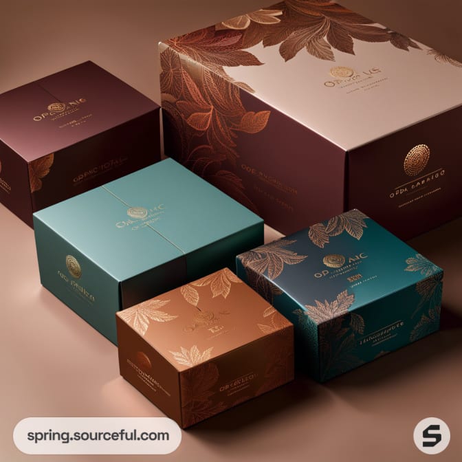 Various boxes with embossed leaf designs in earthy tones.