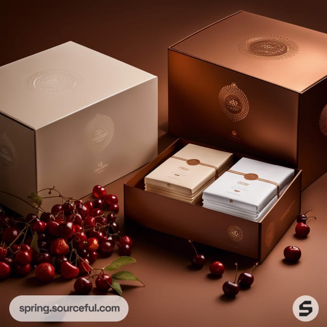 Tan gift box with cherries, featuring stacked smaller boxes inside.