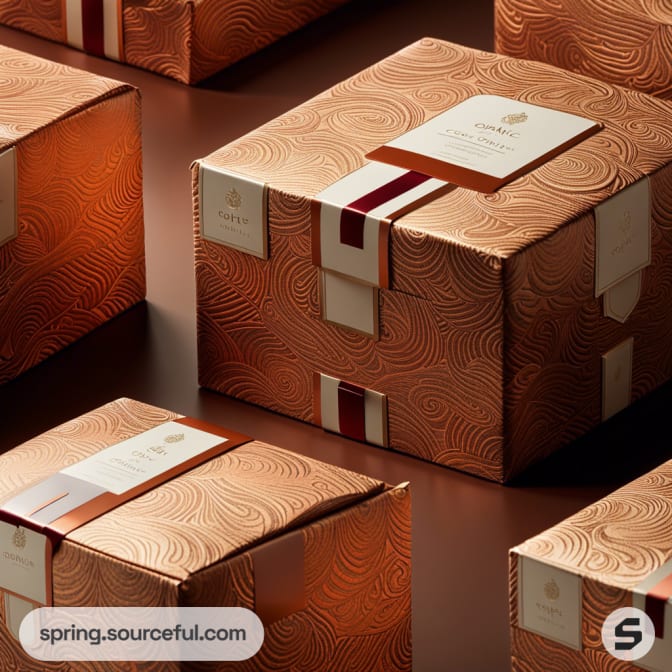 Copper gift boxes with swirling patterns and contrasting bands.