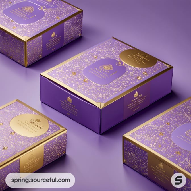 Elegant packaging with gold accents on purple.