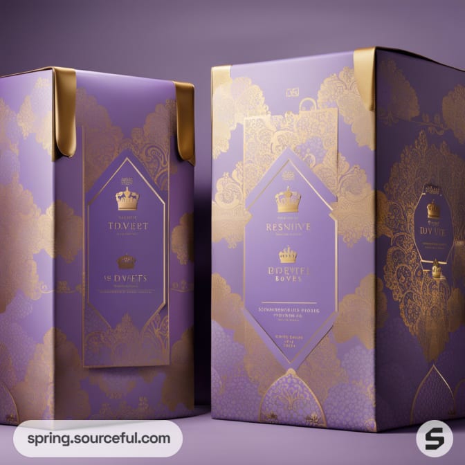 Lavishly designed purple and gold boxes.