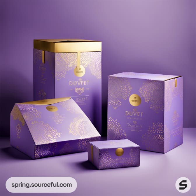 Collection of ornate purple packaging boxes.