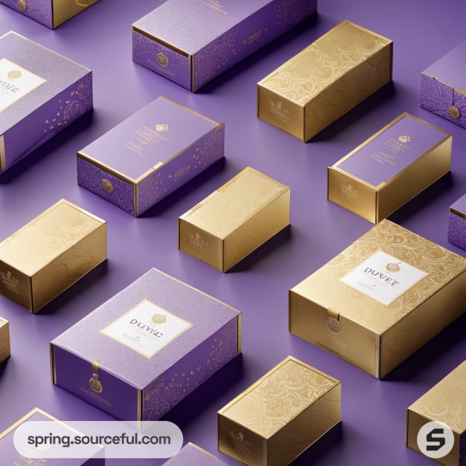 Assorted luxury purple and gold gift boxes.
