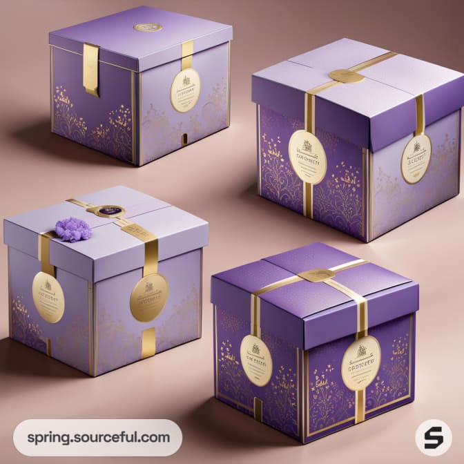Purple gift boxes with gold embellishments.