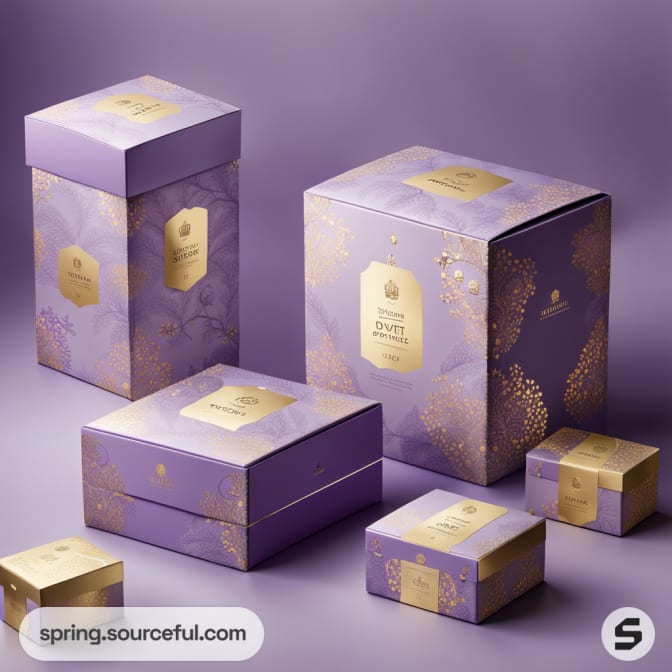 Elegant purple boxes featuring gold designs.