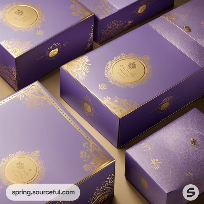 Luxury packaging with gold motifs on purple.