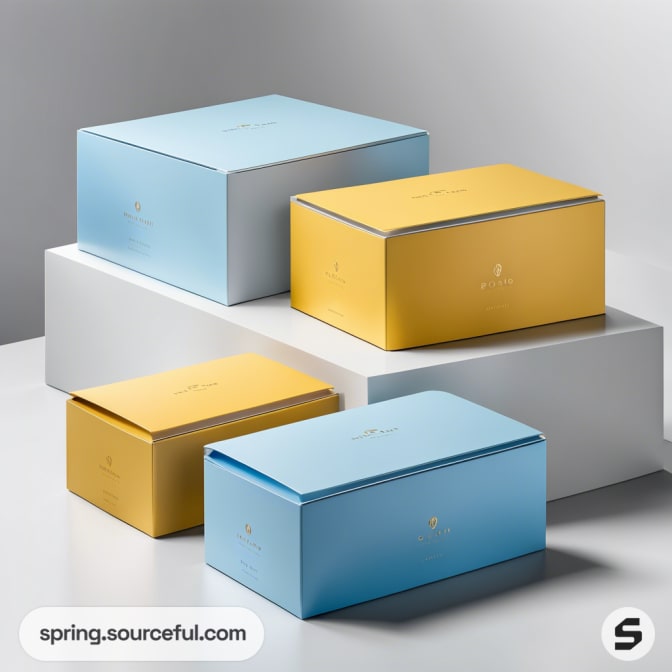 Stack of yellow and blue cardboard boxes on white platforms, minimal design.