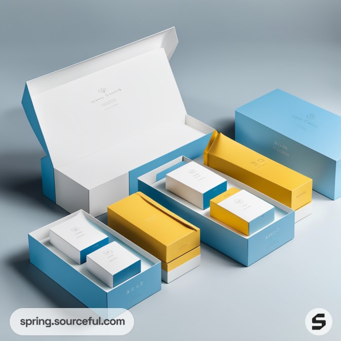 Assorted blue and yellow gift boxes with sleek design, open and closed, on a light grey background.