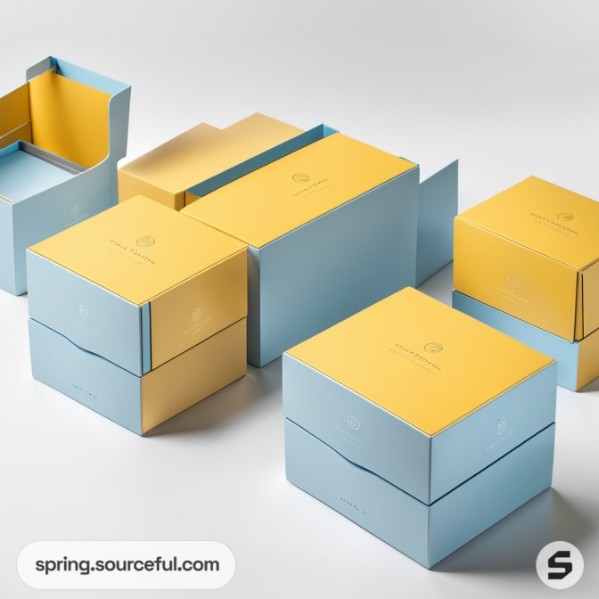 Yellow and blue folding carton boxes with simple design on a white surface.