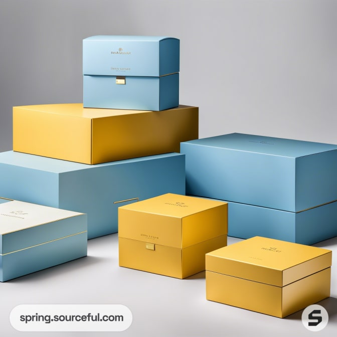 Stacked pastel blue and yellow gift boxes on a gray background.