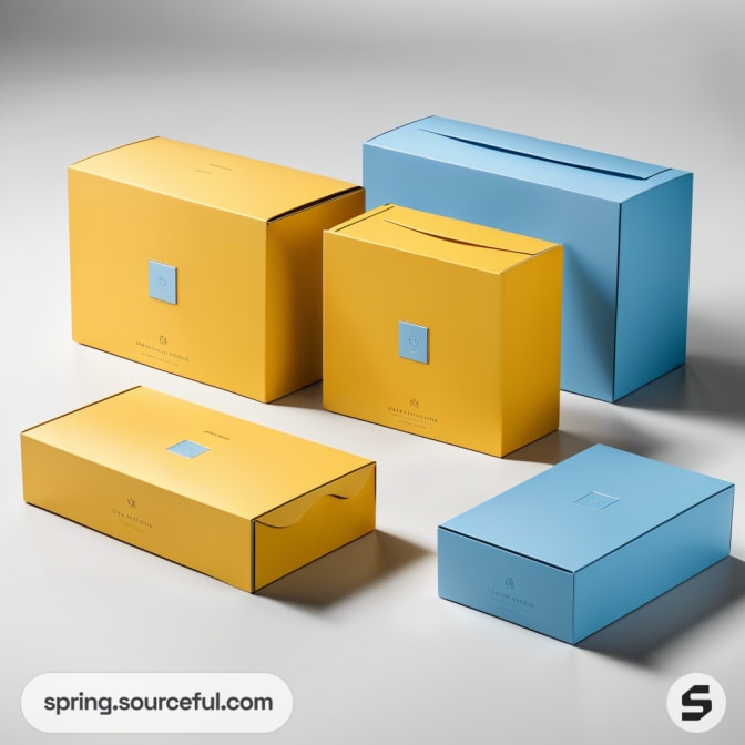 Yellow and blue cardboard boxes with square label designs on a gray background.