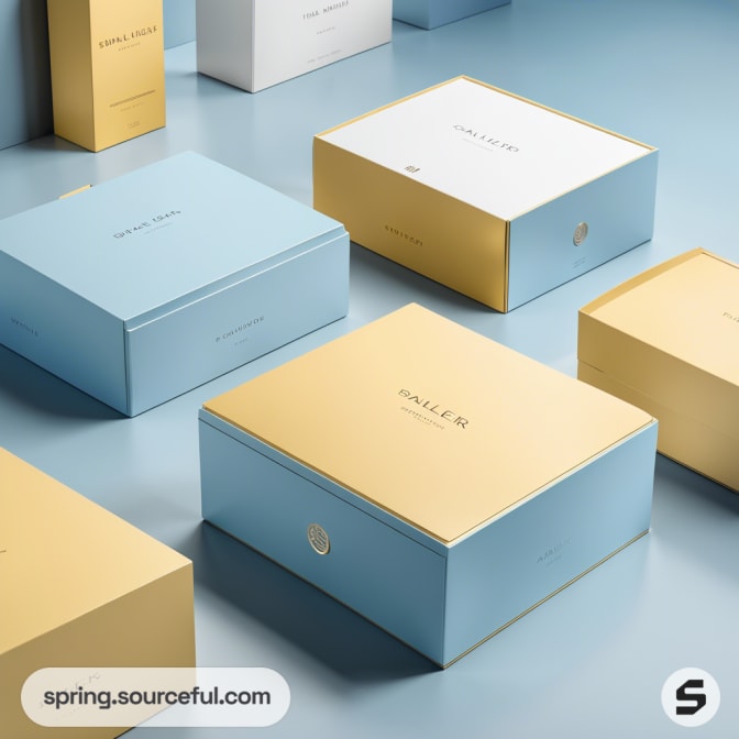 Elegant gift boxes in pastel blue and gold with sleek, matte finish on a light blue surface.