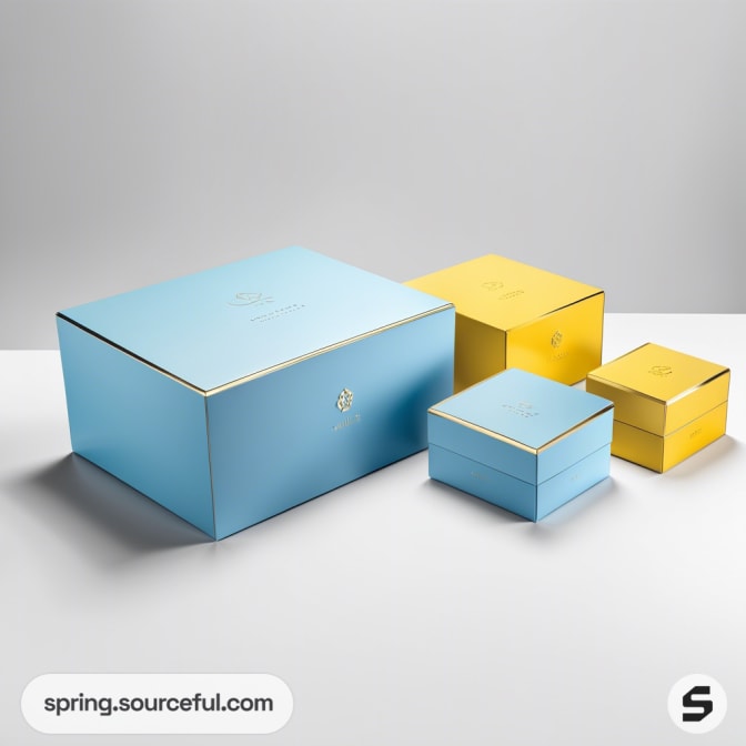 Gift boxes in blue and yellow with gold accents on a light surface.