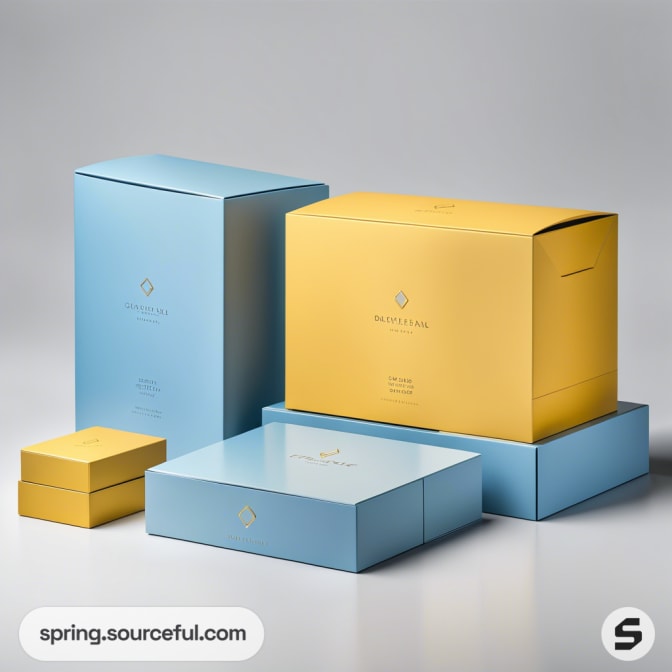 Blue and yellow mailer boxes with simple design on a gray background.