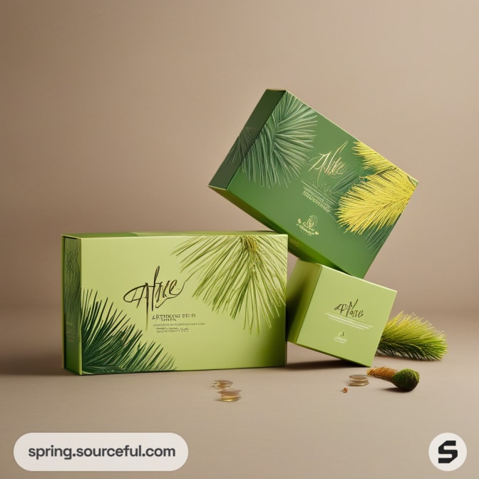 Green tea package with pine design on beige background.