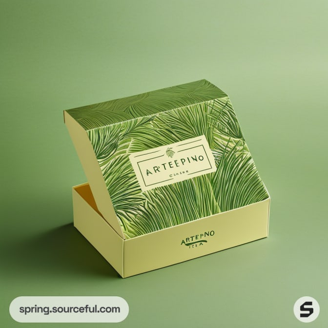 Green box with leaf pattern on green surface.