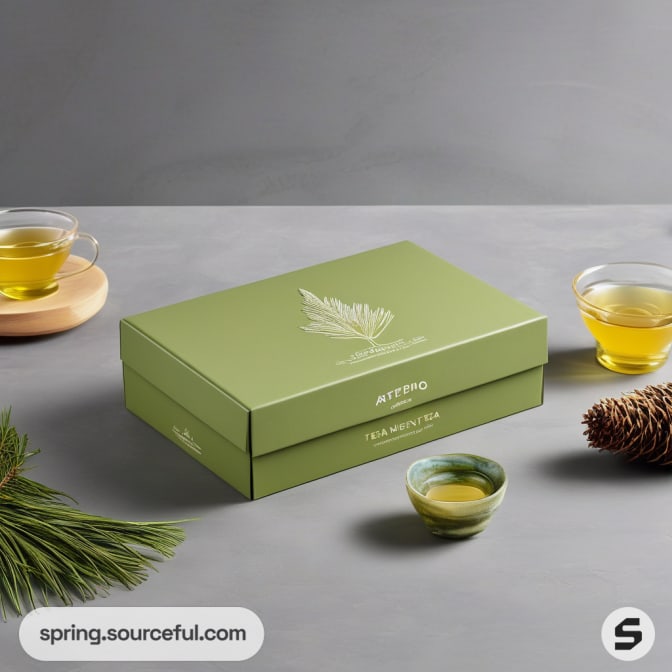 Olive-green tea box with cups and pine cones.