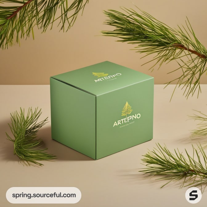 Square green box with pine needles on beige background.