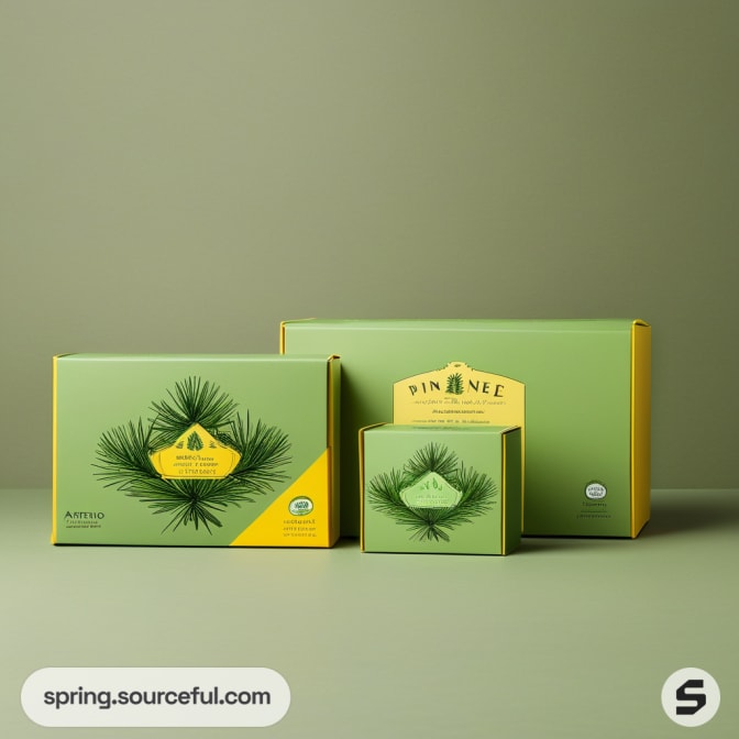 Set of green tea boxes with pine design on green background.