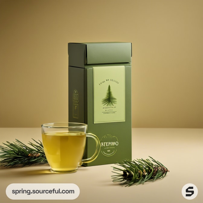 Tall green box with tea cup and pine decor on beige.
