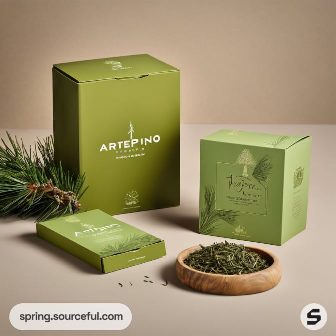 Two green tea boxes with pine decor on beige surface.