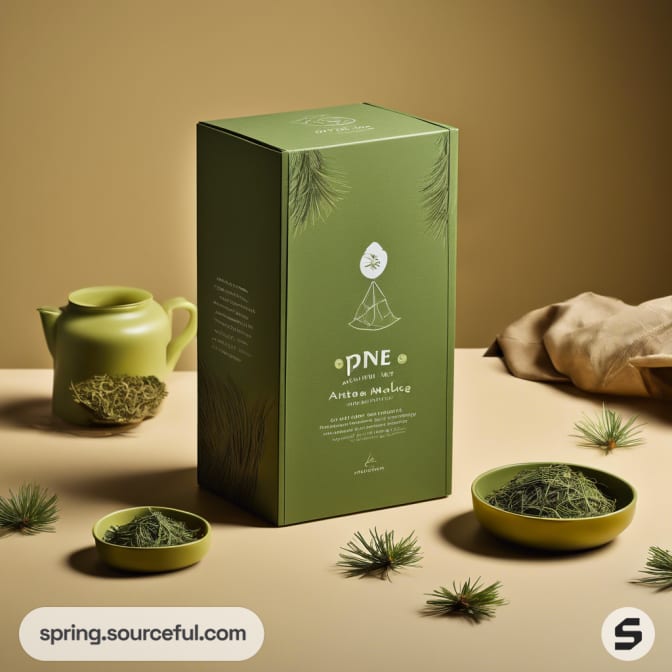 Large green tea box with pine motif and tea set.