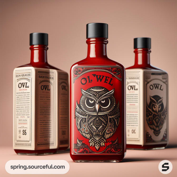 Red bottles with owl designs and black caps on a neutral background.