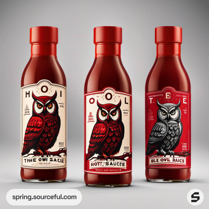 Three red bottles featuring detailed illustrated owls and bold text on a gradient background.