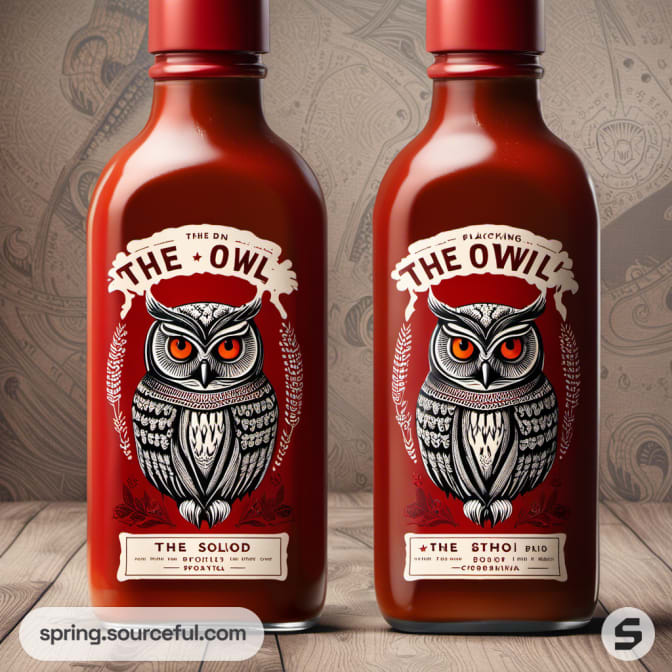 Two bottles with intricate owl illustrations and red coloring on a wooden surface.