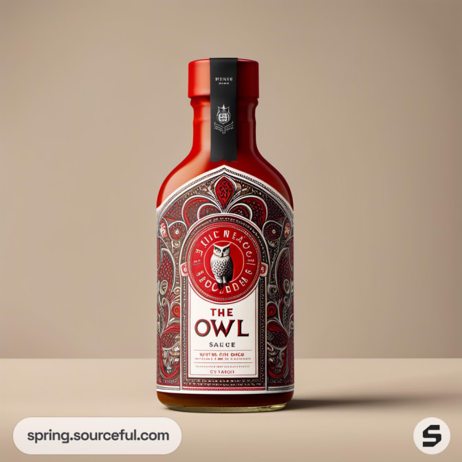 A single red bottle with ornate designs featuring an owl and decorative text.