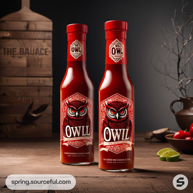 Two tall bottles with owl labels in a rustic setting with wood and limes.