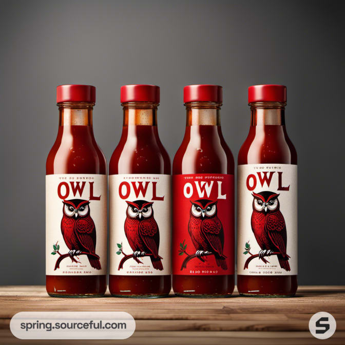 Four aligned bottles showcasing red owl designs and vibrant text on a dark background.