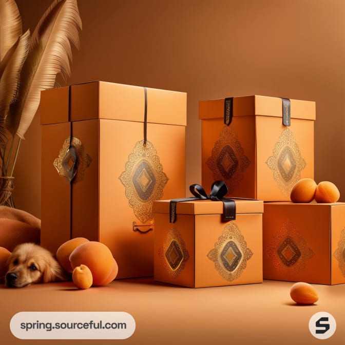 Orange gift boxes with ornate gold patterns, black ribbons, peaches, and a dog on a warm brown background.