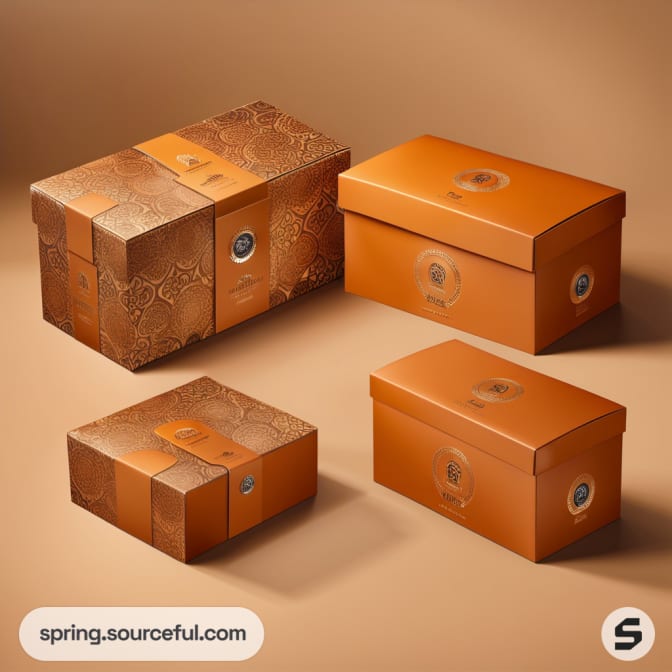 Four brown rectangular gift boxes with decorative patterns on a beige background.