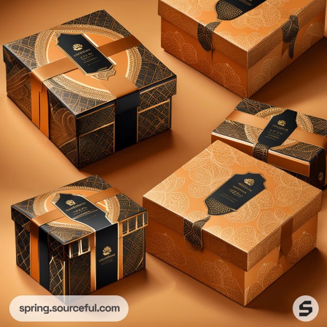 Elegant orange boxes with black and gold decorative patterns and sealed labels on various sizes.