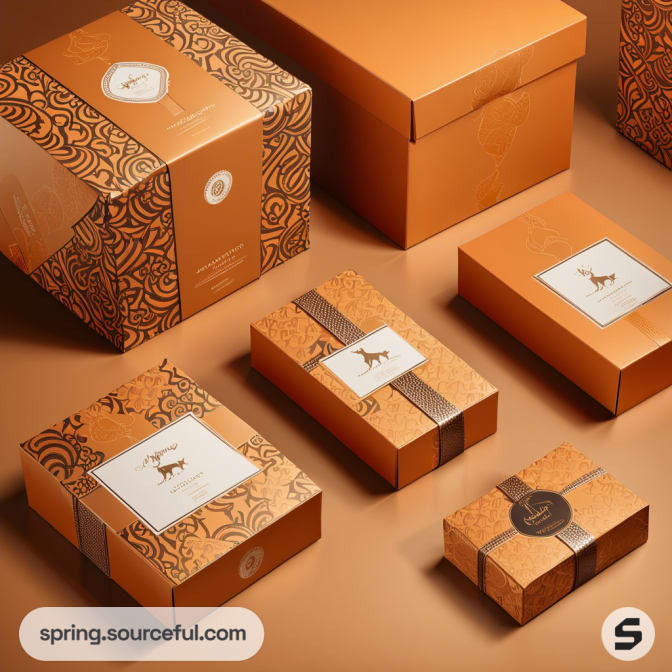 Elegant brown and gold gift boxes with intricate designs and deer motif, arranged on a matching surface.