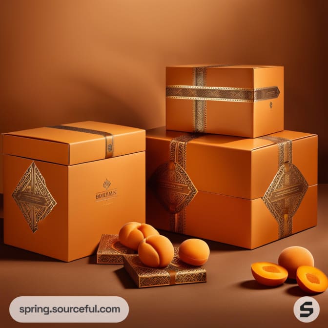 Three stacked orange gift boxes with ornate designs, surrounded by apricot fruits and chocolate, against a brown background.