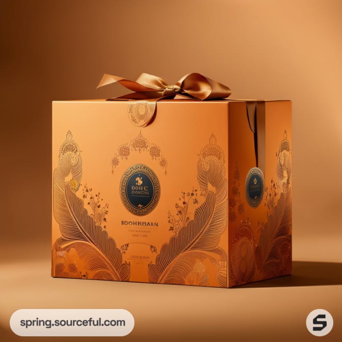 Luxurious gold gift box with detailed floral patterns and a satin ribbon bow, placed on a warm-toned backdrop.