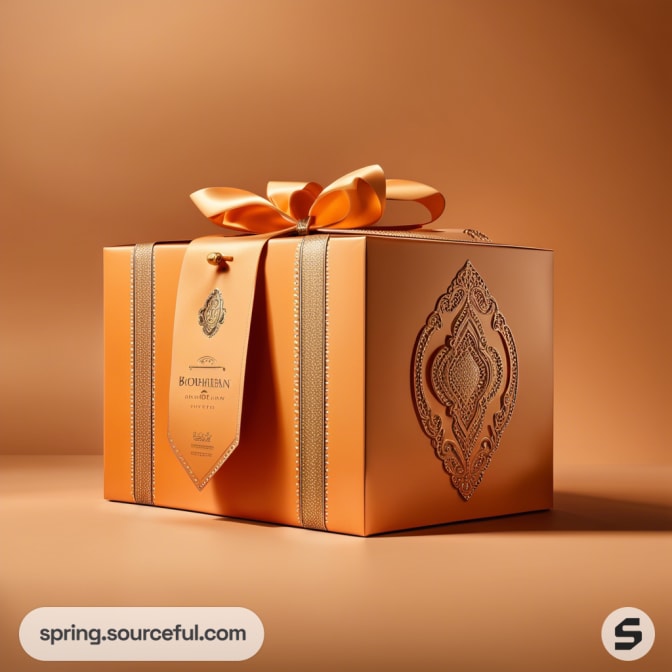 Elegant, orange gift box with decorative embossing, ribbon, and tag on a brown gradient background.