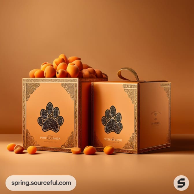 Orange gift boxes with paw prints, filled with ripe apricots, on a warm-toned background.