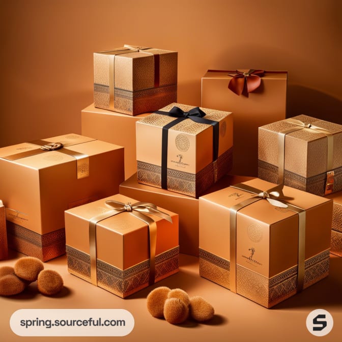 Luxury orange and gold gift boxes with ribbons on a brown background, surrounded by round objects.