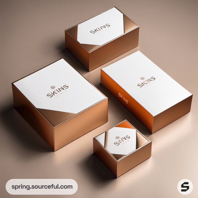 Boxes in various sizes with gold and white design on beige background.
