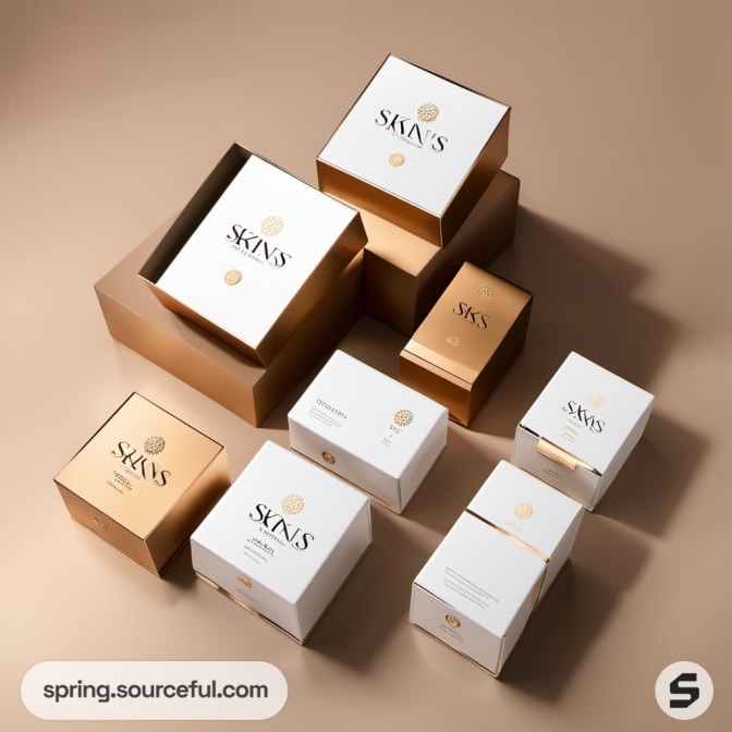 Assorted white and gold boxes with elegant design on a beige backdrop.