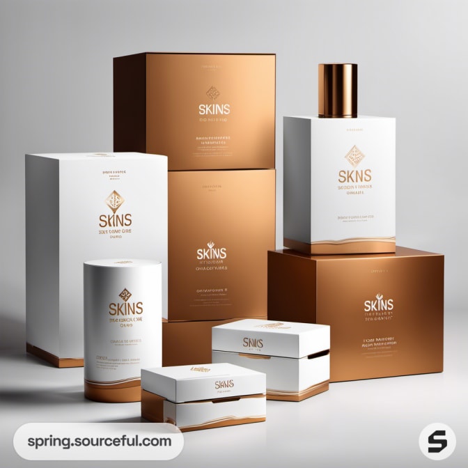 Tall white and gold packaging with sleek cylindrical containers.
