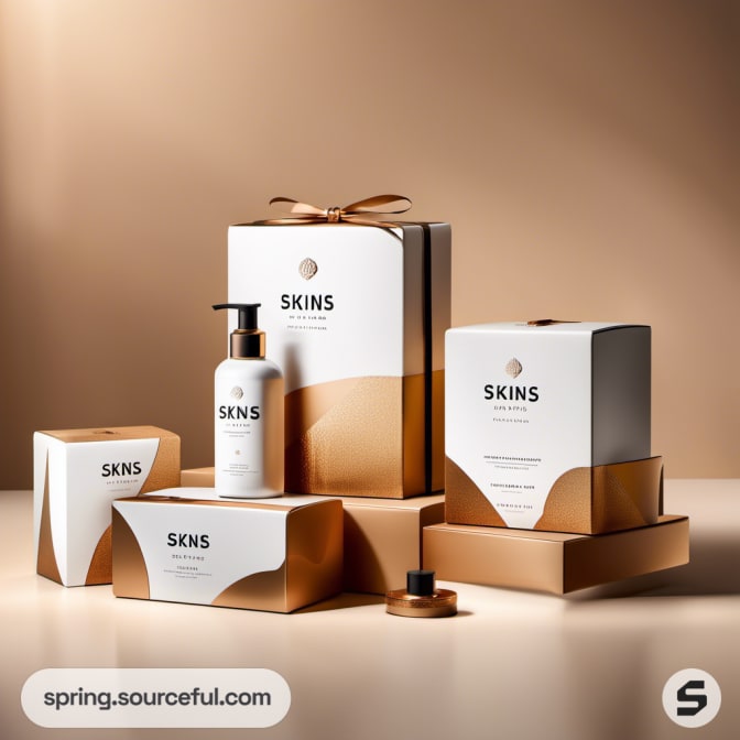 Assorted packaging with gold accents and a bottle, on a beige background.